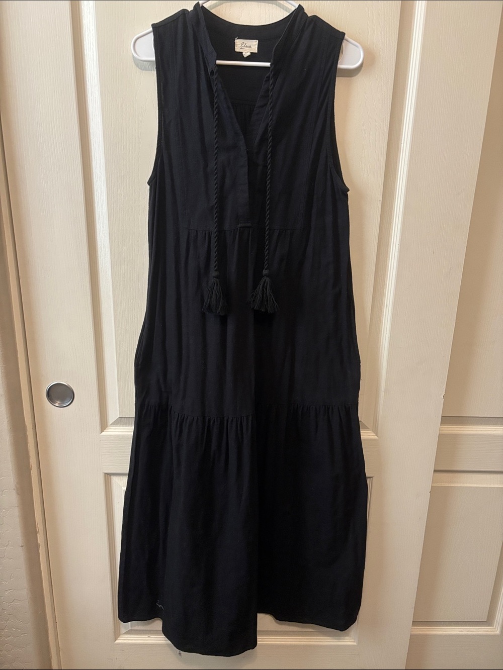 Elan Sleeveless Black Maxi Linen Dress with Tassel Tie